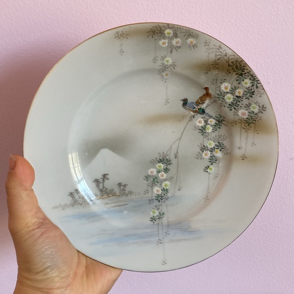 VINTAGE Hand Painted Japanese Mt Fuji Nature Bird Floral Porcelain 7.25" Plate - Picture 3 of 11